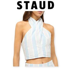 Staud Kai Blue White Stripe Halter Crop Top L Smocked Back Tie Cotton SummerWear